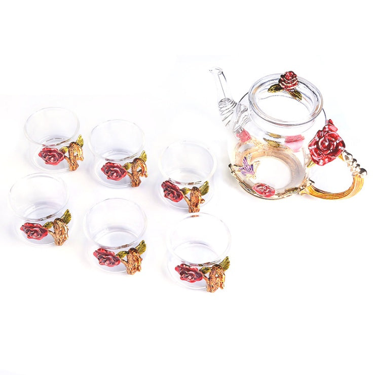 Glass Blue/Red Rose Tea Set